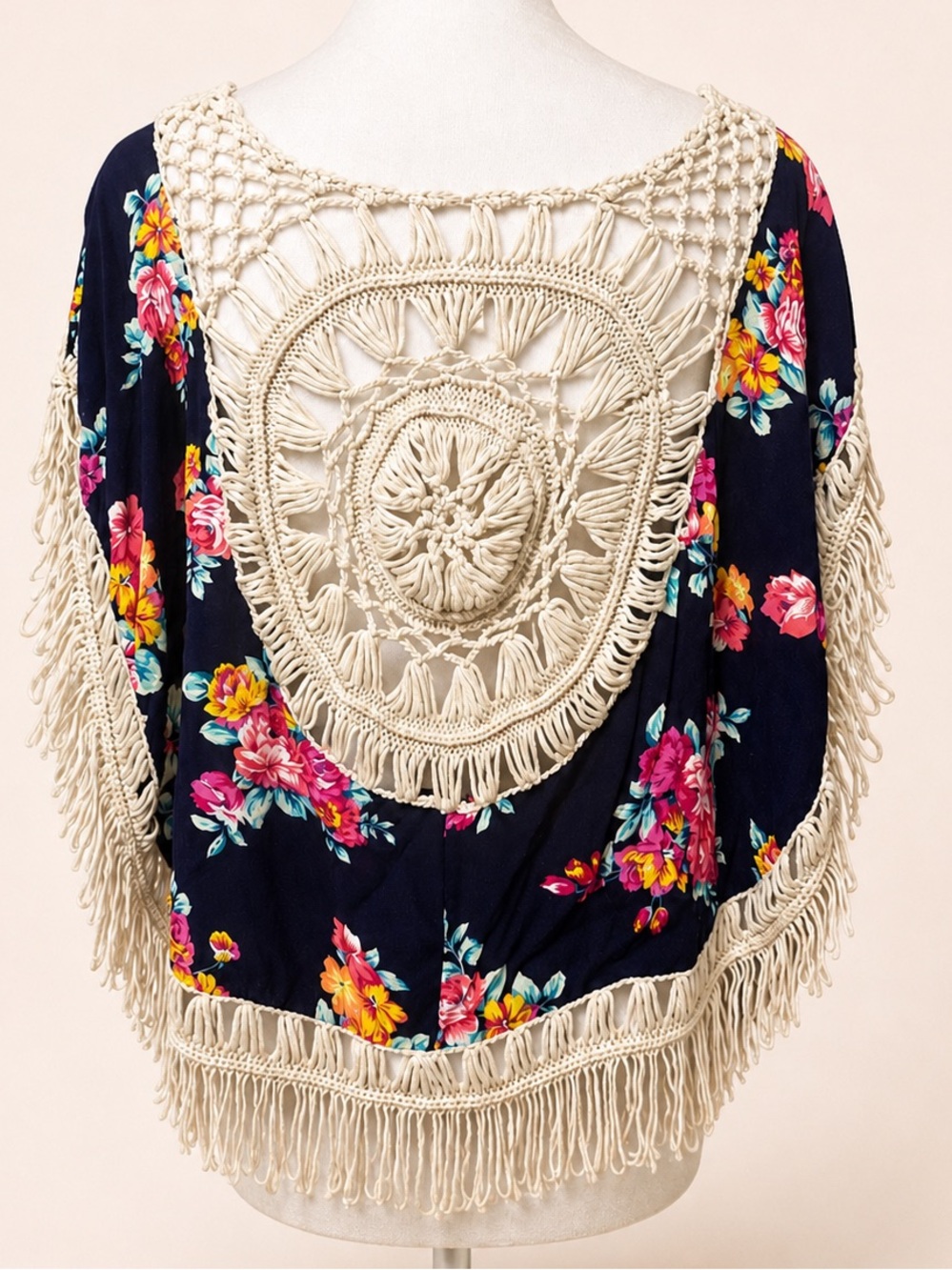 Love J Floral Crochet Fringe Kimono Boho Cover Up - Picture 3 of 3
